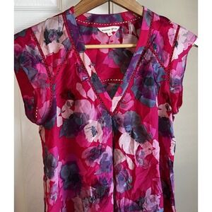 Rebecca Taylor Silk Blouse Floral Pink V Neck Short Sleeve Size 0